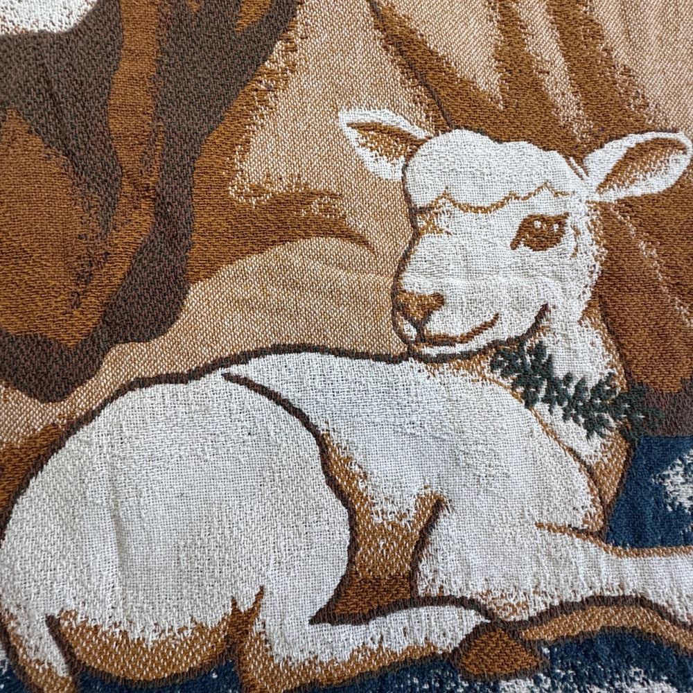 Peace on Earth Woven Tapestry Throw Blanket Lion Lamb Dove 70x47 Blue Vintage - Picture 3 of 8